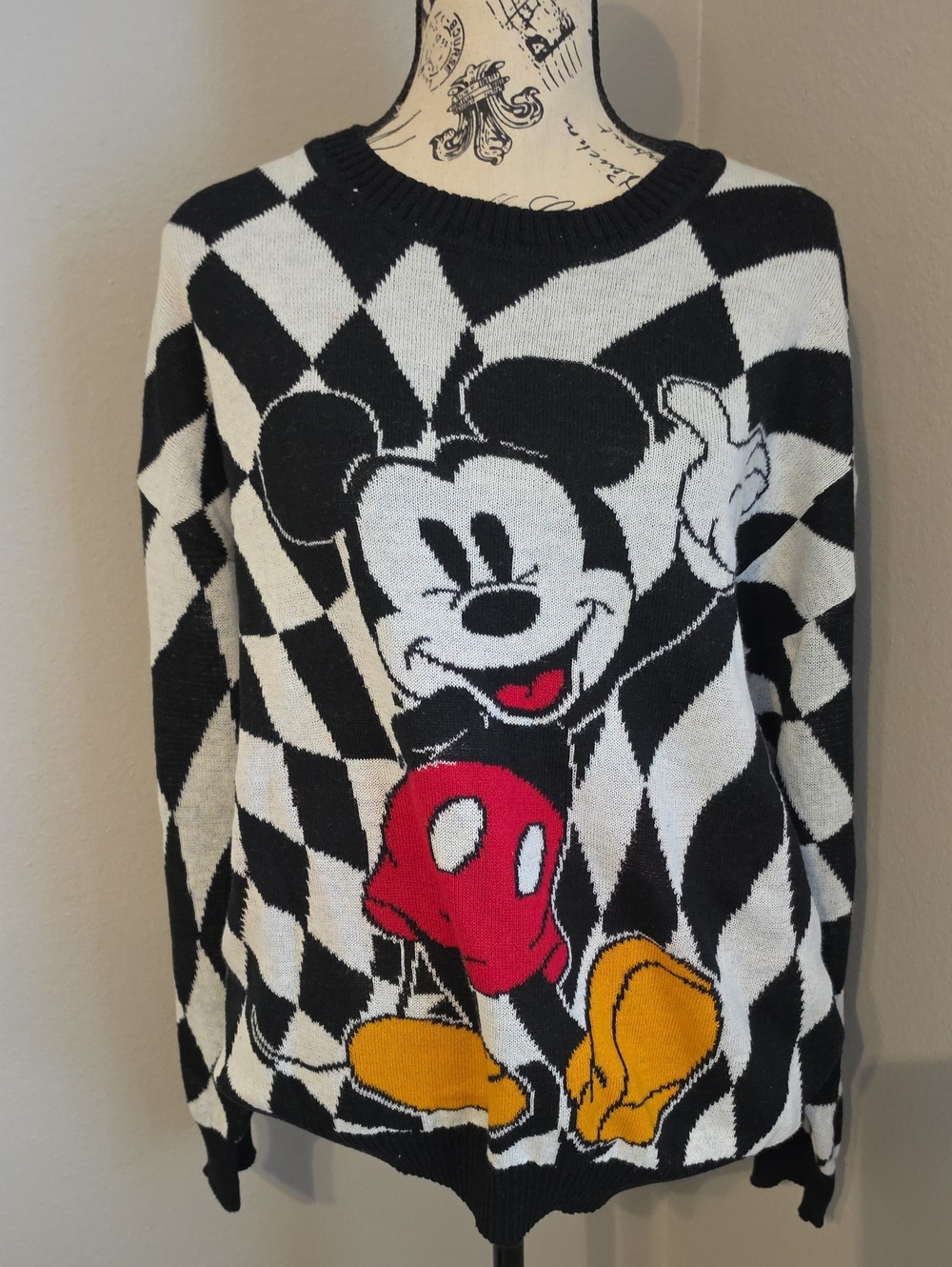 Disney Black & White Mickey Crewneck Sweater with Red and Yellow Accents